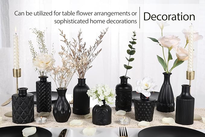 TBWIND 12pcs Glass Black Bud Vases Set, Small Vases for Flowers, Bud Vase for Centerpieces in Bulk, Mini Vintage Vase for Rustic Wedding Decorations, Office and Home Table Flower Décor