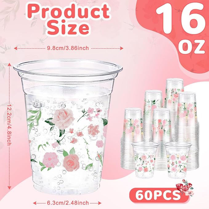 Hushee Wedding Floral 60 Pcs Party Cups 16 oz Plastic Disposable Drinking Cups for Birthday Love Baby in Bloom Baby Shower Summer Fresh off The Market Bridal Shower Decorations Supplies