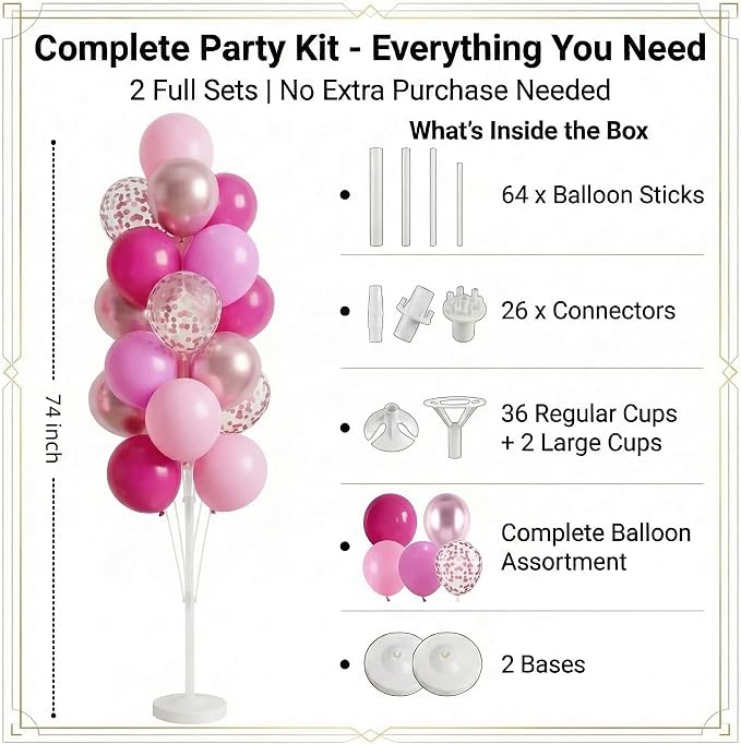 Balloon Column Kit Set of 2 With Balloons Included - Balloon Tower with Stand, Base, and Pole,Backdrop Decoration for Wedding, Baby Shower, Birthday Party (3xMetallic Light Pink)