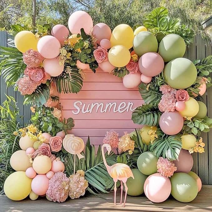 Pink Green Yellow Balloon Arch Double Stuffed, Dusty Green Light Yellow Mauve Ivory Pastel Balloon Garland Kit for Baby Shower Birthday Bridal Wedding Flower Mothers Day Party Decoration