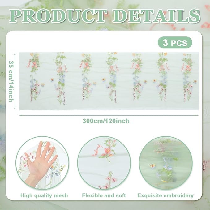 Mindsoft 3 Pack Embroidered Wildflower Tulle Table Runner 14 x 120 Inch Sage Green Floral Table Runner for Market Bridal Shower Wildflower Baby Shower Spring Summer Birthday Party Decor