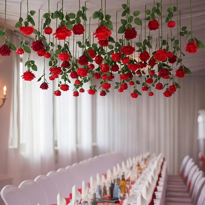 Lyrow 60 Pack Red Roses Artificial Flowers Bulk Hanging Floating Garland Fake Red Rose Vine for Ceiling Decoration Wedding Anniversary Bridal Bouquet DIY Floral Arrangement Proposal Romantic Decor