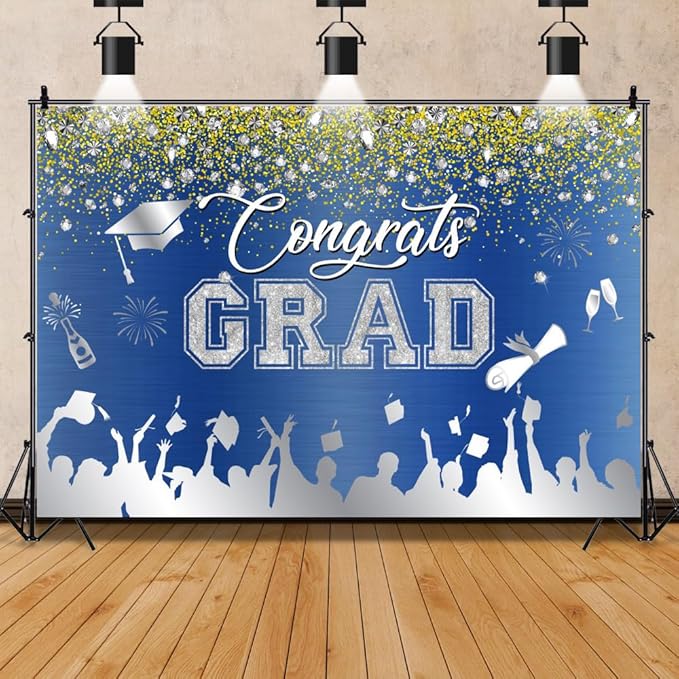 Leowefowa Congrats Grad Backdrop 5x3ft Blue Silver Gold Glitter Graduation Backdrops for Photography Congratulations Graduates Backdrop Banner Grad Prom Party Decor Grad Photo Booth Props
