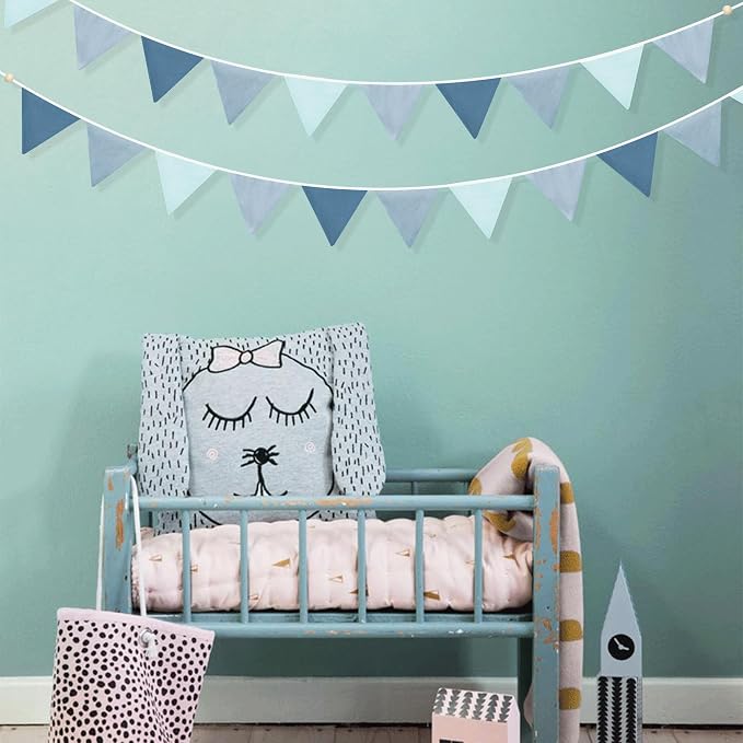 2 Strings Blue Pennant Banner Flags Nursery Garland Royal Linen Fabric Triangle Bunting Streamers for Baby's Room Decor Kids Boys Nautical Birthday Baby Shower Boho Wedding Event Party Decorations