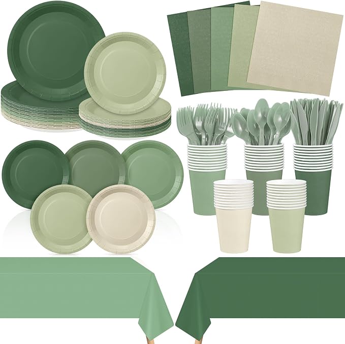 Mimorou 177 Pcs Sage Green Plates and Napkins Set Serves 25 Guests Gradient Sage Green Tablecloth Plates Cup and Napkins Tableware for Birthday Wedding Bridal Baby Shower Party Supplies
