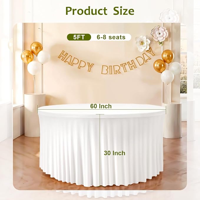 2 Pack White 60 inch Round Spandex Tablecloth, Washable Stretchy Fitted 5FT Round Tables,Elastic Edge with Skirt, Wrinkle-Free Table Cloths for Wedding Banquet Party Birthday Buffet