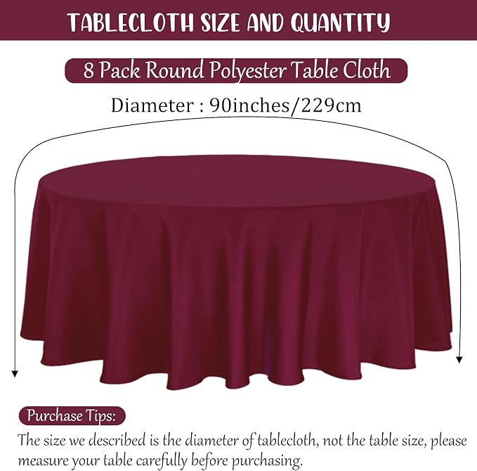 Fivenl 8 Pack Premium Round Tablecloth 90 Inch Round Table Covers Bulk Washable Polyester Fabric Round Table Clothes for Wedding Party Reception Banquet Buffet Restaurant (Burgundy, 90 Inch)