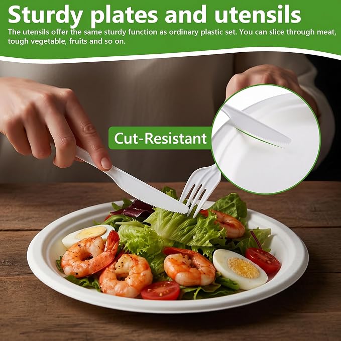 500Pcs Compostable Paper Plates Set Party Supplies Severs 100 Guests Disposable Party Plates Heavy-duty Utensil Disposable Party Plate Fork Knives Spoon Napkin Dinnerware for Birthday Wedding Camping