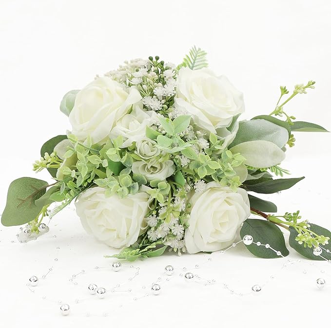 Wedding Bridesmaids Bouquet Set of 2 Artificial Flowers Bouquets for Bridesmaid Pre-Made 7 Inch Faux Small Floral Bouquets Bridal Shower, Wedding, Ceremony, Anniversary - Ivory White