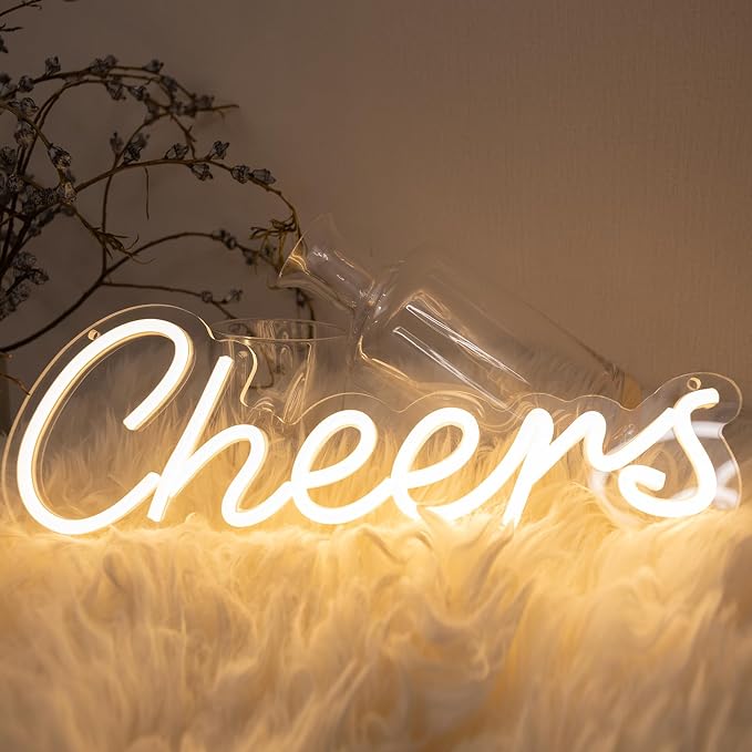 LED Cheers Neon Sign for Home Bar, USB Powered Warm White Bar Light with Dimmable Control, Wedding Party Wall Decor for Kitchen Restaurant 15.75x5.51