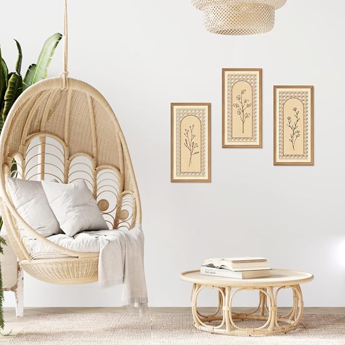 IARTTOP 3 Pcs Boho Arch Wicker Wall Decor 8x16 Inch Unframed Rattan Botanical Wood Wall Art Minimalist Rustic Farmhouse Floral Hanging Decor for Home Living Room Bedroom Office