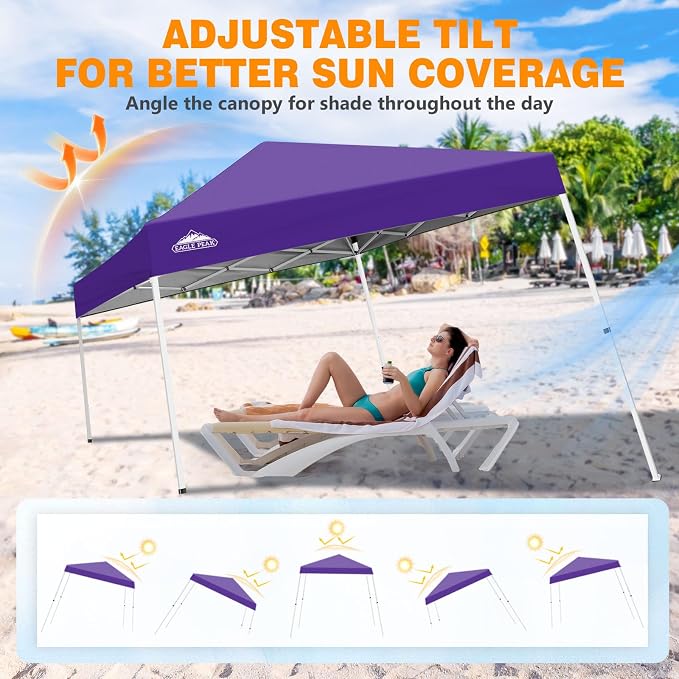 EAGLE PEAK 10x10 Slant Leg Pop-up Canopy Tent Easy One Person Setup Instant Outdoor Beach Canopy Folding Portable Sports Shelter 10x10 Base 8x8 Top (Purple)