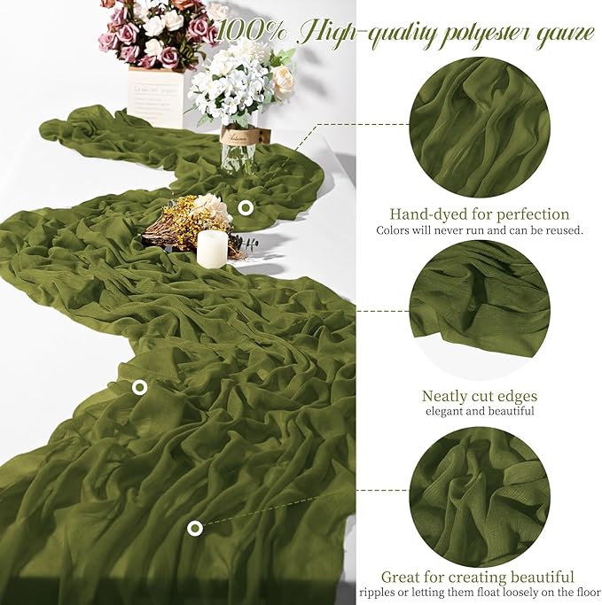 Teruntrue 24 Packs Olive Green Cheesecloth Table Runner,10ft Rustic Gauze Boho Wedding Table Runner Decoration, Wedding Table Decor Sheer Table Runner for Wedding Party Bridal Shower Table