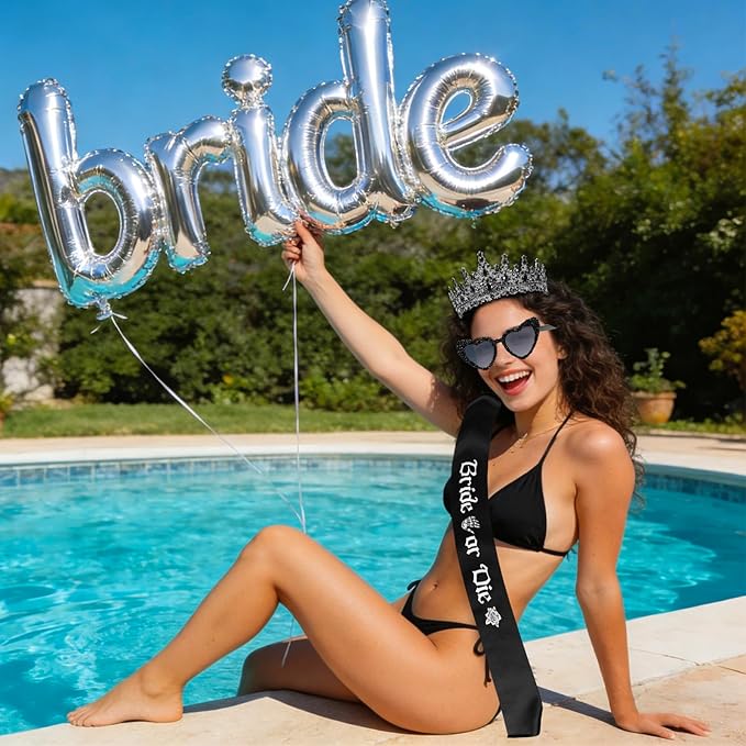 JarThenaAMCS 3 Pcs Bride or Die Bachelorette Party Decoration Set Black Tiara Crown Sash Glasses for Women Halloween Bridal Shower Accessories