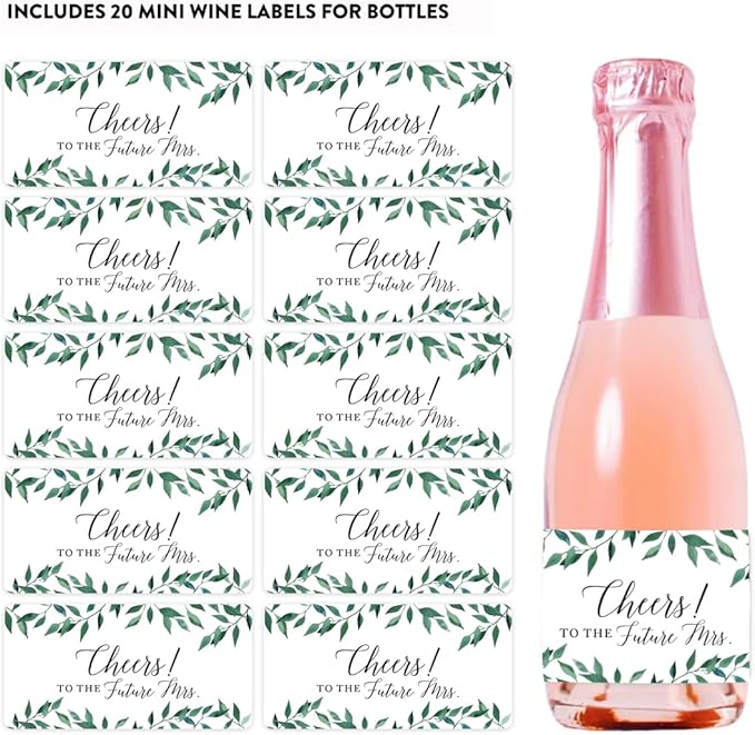 Andaz Press Bachelorette Mini Wine Labels for Bottles, Cheers! to The Future Mrs., Greenery Green Leaves 20-Pack Custom Mini Champagne Bottles Bulk Waterproof Mini Wine Bottle Labels