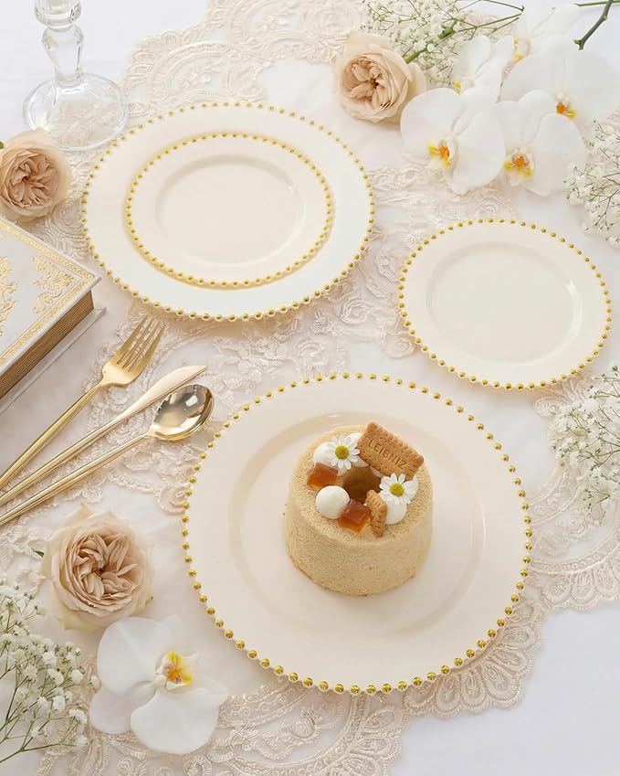 supernal 180pcs Ivory and Gold Dinnerware Set,Elegant Heavy Duty Ivory Plastic Plates with Gold Beads,Disposable Plates with Plastic Silverware and 10oz Cups for Wedding/Party/Valentine's Day