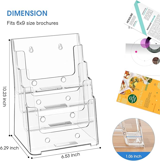 KTRIO 4 Tier Acrylic Brochure Holder 6 x 9, Clear Pamphlet Display Stand Plastic Flyer Organizer for Literature, Catalogs, Desk & Wall Mount, 2 Pack
