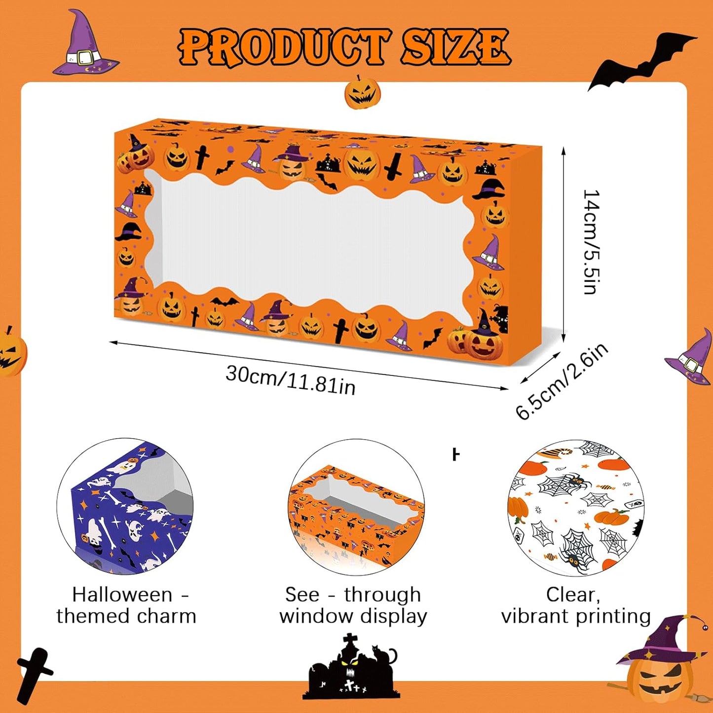 24 Pack Halloween Large Treat Boxes, Trick or Treat Candy Boxes with Window Halloween Party Favors Gift Goodie Boxes Supplies for Cookie Biscuit Donuts Dessert Cupcake Pie