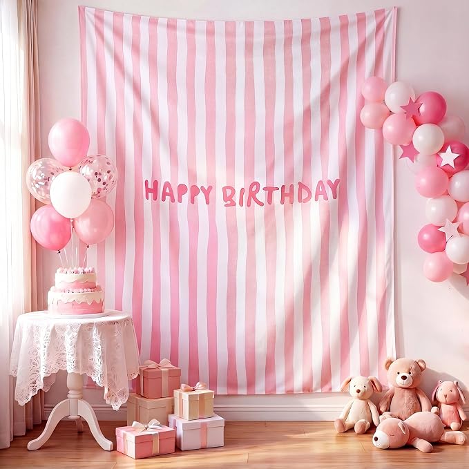 Flutesan 7x5ft Pink Stripe Happy Birthday Backdrop Large Banner Fabric Tapestry Birthday Party Decoration Baby Shower Linen Rustic Background Wall Photo Props Indoor Outdoor