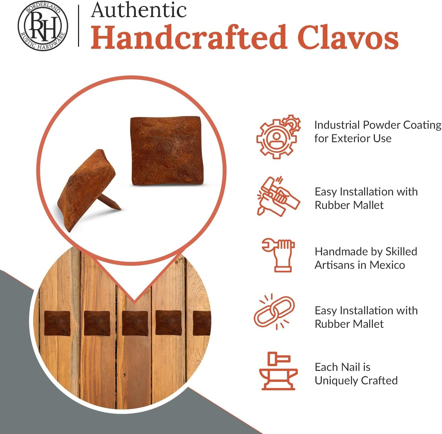 10 Pack 1.25" Square Head Iron Clavos Decorative Nails – Rusted – Handmade Rustic Square Fasteners for Farmhouse Shutters, Faux Wood Beams, Barn Doors, Shutters, and Gates – Ornamental Wood Accent