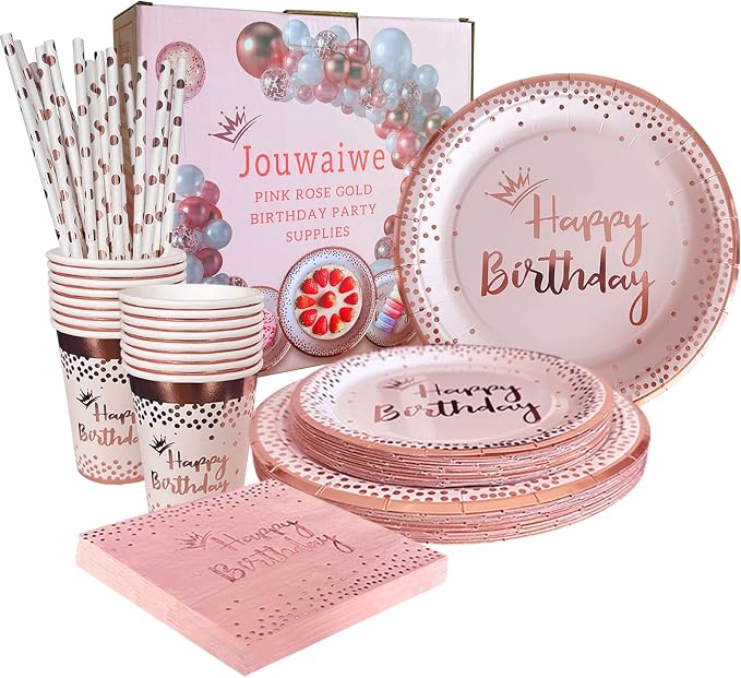 100 Pieces Pink Rose Gold Birthday Decorations Supplies Rose Gold Dessert Plates Napkins Cups for Women Birthday Disposable Party Favors
