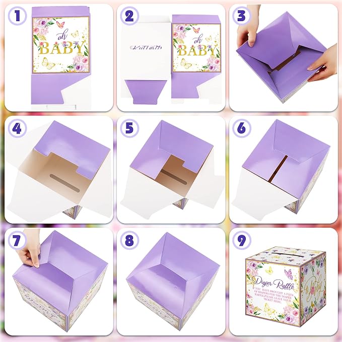Teling 51 Pieces Diaper Raffle Tickets with Card Box Baby Shower Decorations Baby Shower Holder Box for Girl Boy Diaper Raffle Party(Butterfly Style)