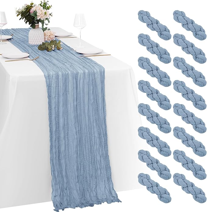 16 Pack Dusty Blue Cheesecloth Table Runners 20x120 Inch Gauze Table Runner Cheese Cloth 10FT Blue Table Runner Rustic Sheer Runner for Wedding Baby Shower Birthday Party Table Decor