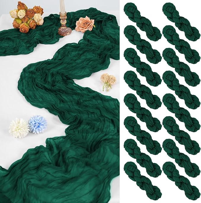 16 Pack 10Ft Cheesecloth Table Runner Dark Green, 20 x 120 Inch Rustic Gauze Boho Cheese Cloth Table Runners Wedding Long Table Runner for Wedding Party Bridal Shower Table Decoration