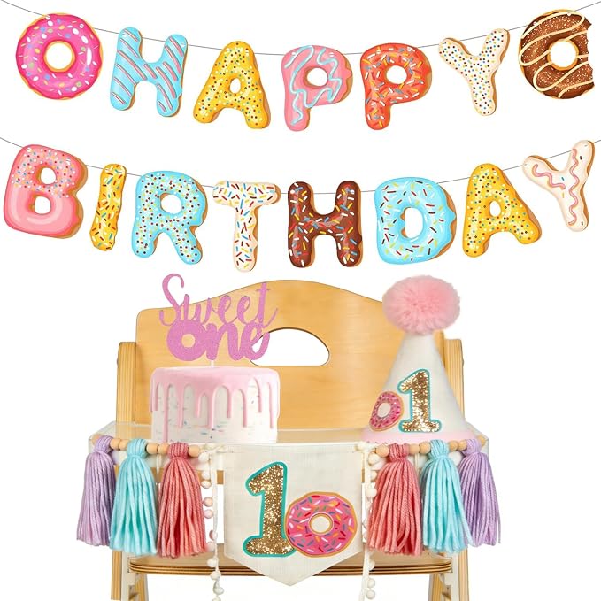 Donut Sweet One Birthday Party Decorations for Girl-Sweet One High Chair Banner Set with 1st Birthday Hat One Cake Topper