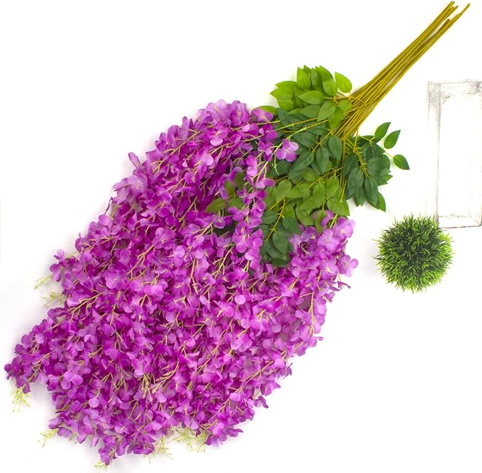 AITISOR 12 Pack Artificial Flowers Silk Wisteria Vine Ratta Hanging Flower (Purple)