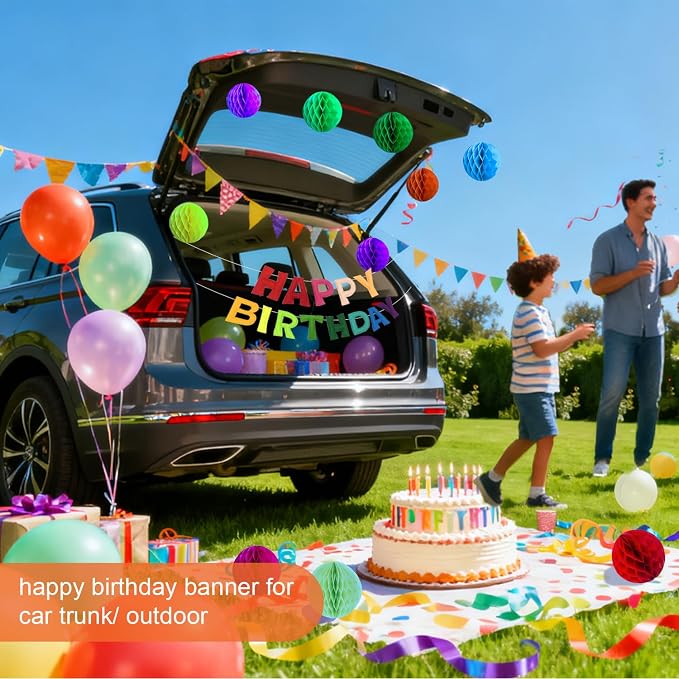 Pre-Strung Happy Birthday Decoration, Fabric Felt Birthday Banners Poms Pom Party Garland Felt Pennant Flag With 10PCS Honeycomb Balls, Reusable Party Celebrations