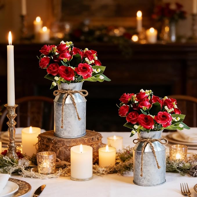 Set of 4 Wedding Flower Centerpiece for Tables Decorations, Red Artificial Roses Bouquet with Metal Vase, Faux Flower Arrangement for Party Bridal Shower Party Event (Silver Vases & Red Roses)