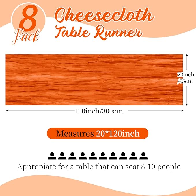 8 Pack Orange Cheesecloth Table Runners 20x120 Inch Gauze Table Runner 10FT Easter Cheese Cloth Table Runner Rustic Sheer Runner for Wedding Baby Shower Birthday Party Table Decor