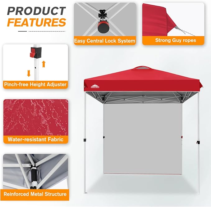 EAGLE PEAK Commercial Canopy 6.6x6.6 Pop Up Canopy Tent with 1 Sidewall, Easy Setup Heavy Duty Instant Event Shelter for Vendors & Markets, Outdoor Sun Shade, Red