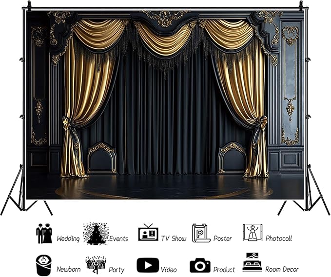 Baocicco Royal Black Wall Backdrops 7x5ft Gold Curtain Luxury Theater Stage Background VIP Shows TV Shows Backdrops Wedding Birthday Party Decors Graduation Ceremony Banner Photo Studio Props