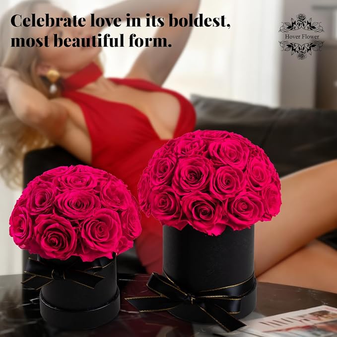 18 Preserved Flowers for Delivery Prime, Roses Dome Forever Flower Decor for Party Home Table Bedroom, Anniversary, Birthday, Wedding Gifts for Women Her (Hot Pink)