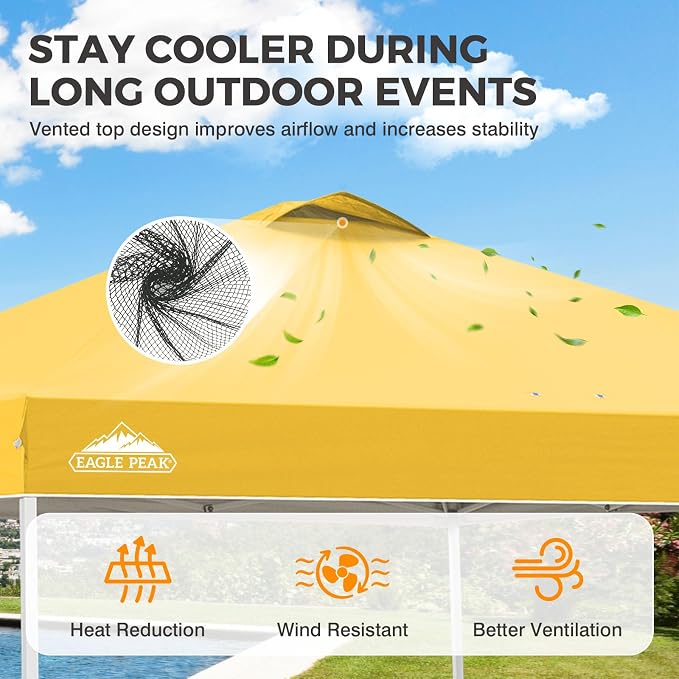 EAGLE PEAK Pop Up Canopy Tent with Wheeled Carry Bag, 8 Stakes, 4 Ropes, 4 Weight Bags, Easy Set Up Tent Canopy, 10x10 ft, 100sqft of Shade, Yellow