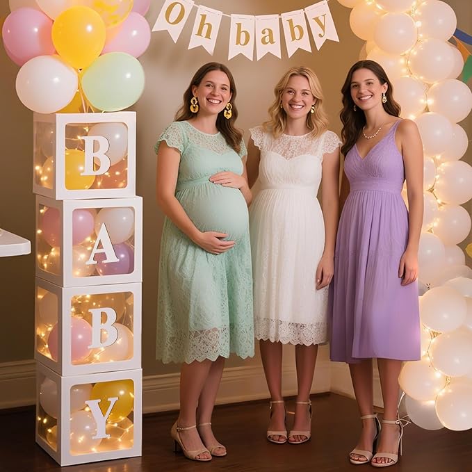 Ledido Baby Boxes with Letters for Baby Shower Decorations, 4 Pcs Transparent Balloon Boxes Blocks with Fairy String Lights, Clear Balloon Boxes for Boy Girl Gender Reveal 2026 HOCO Party Decor(White)
