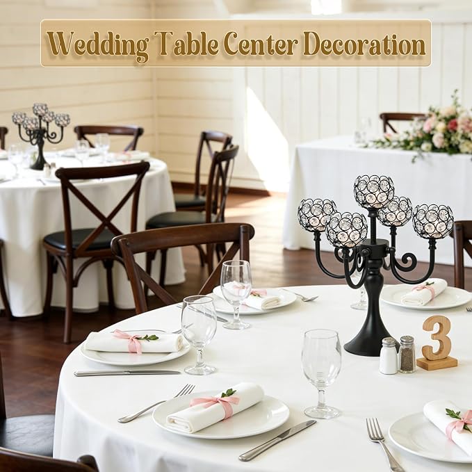 5 Arm Metal Crystal Candelabra Centerpiece - 13.4 Inch Elegant Candle Holder with Crystal Beads for Wedding Party Christmas Home Dining Table Decoration (2, Black)