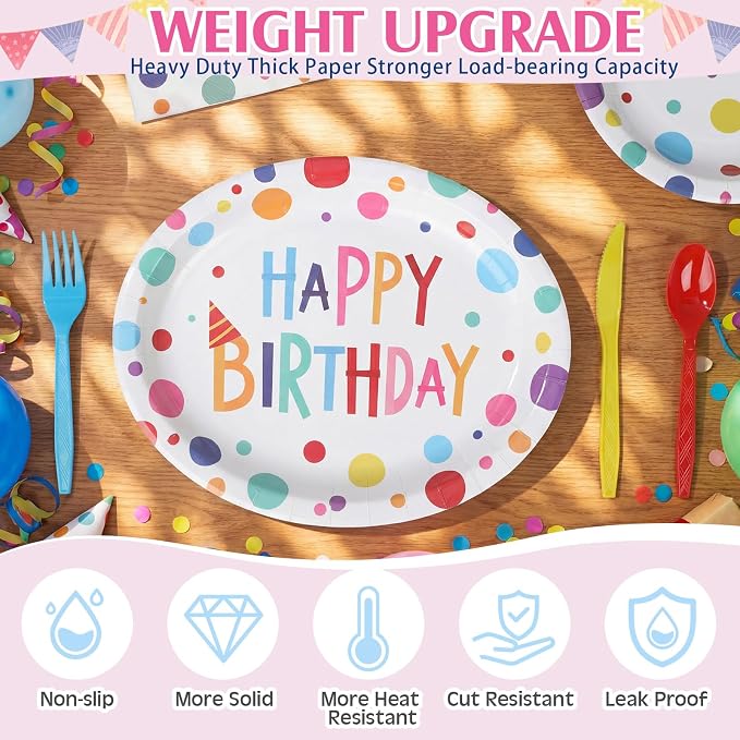 Pajean 350 Pcs Happy Birthday Party Supplies Oval Paper Plates Set with 12 inch Disposable Birthday Oval Plates and Napkins Colorful Dots Design Heavy Duty Paper Dinnerware Set for 50 Guests