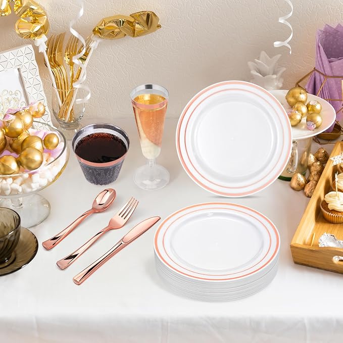 150PCS Rose Gold Plastic Plates Set for 25 Guests, 7.5" Small Disposable Dessert Plates with 9oz Cups,5oz Champagne Flutes & Spoons, Forks & Knives for Birthday, Wedding & Elegant Party Supplies