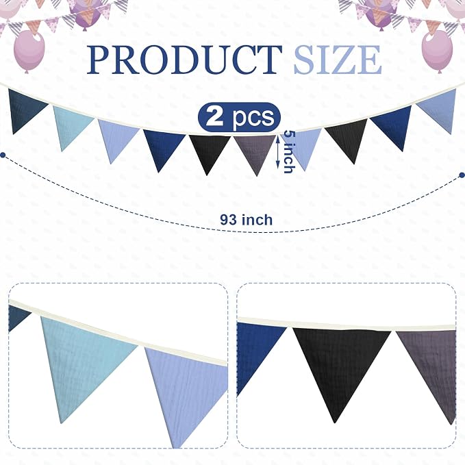 Oudain 2 Pcs Pennant Banner Flags Nursery Garland Triangle Bunting Flags Playroom Wall Decor Banner for Nursery Baby Shower Birthday Boho Wedding Party Event, Each 7.75 ft(Blue Color)