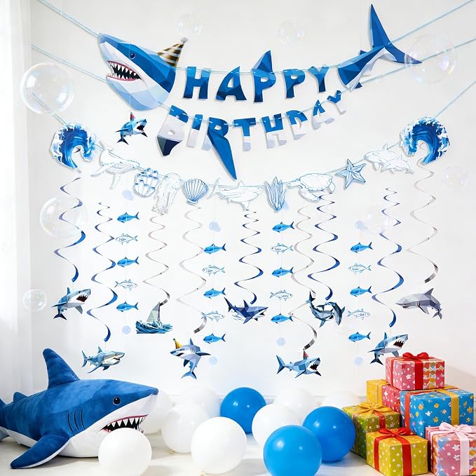 SUNBEAUTY Shark Birthday Party Decorations Shark Birthday Banner Ocean Theme Party Decoration Under The Sea Shark Garland Blue Ocean Swirls Hanging Wall Decor for Boys Baby Shower Beach Summer Party