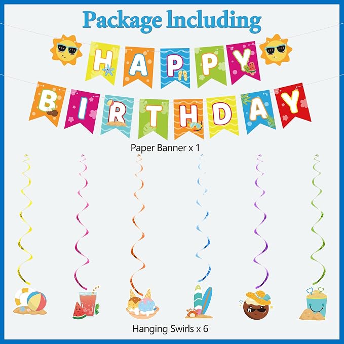 Crenics Summer Birthday Decorations - Happy Birthday Banner, Foil Fringe Curtains, Sash, Hanging Swirls, Cake Topper and Balloons for Summer Beach Theme Party Supplies