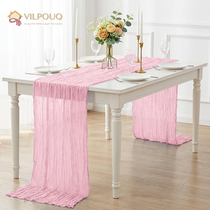 12 Pack Pink Cheesecloth Table Runner 21x120 Inches, Boho Gauze Rustic Semi Sheer Cheese Cloth Table Runners for Easter Spring Wedding Bridal Baby Shower, Birthday Party, Long Farmhouse Table Decor