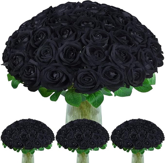 100 Pcs Black Roses Artificial Flowers, Real Touch Velvet Roses Bouquet Fake Flowers Bulk, Artificial Roses with Long Stems for Birthday Gift Women Mom DIY Bridal Wedding Centerpiece Decorations