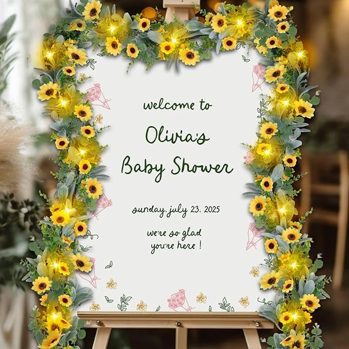 7.5FT Artificial Sunflower Garland with 30 Lights Silk Sunflower Vine Fake Flowers Summer Garland Prelit Lights for Mantle Baby Shower Wedding Arch Front Door Porch Staircase Decor (1 Pcs)