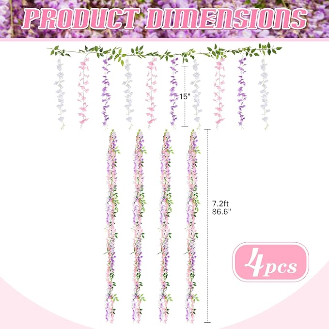 Thiccywoov 4pcs Wisteria Artificial Flowers Garland, 7.2Ft/Piece Wisteria Hanging Flowers Garland for Wedding Arch Decoration Outdoor Ceremony Home Backdrop Garden (Light Purple,White,Light Pink)