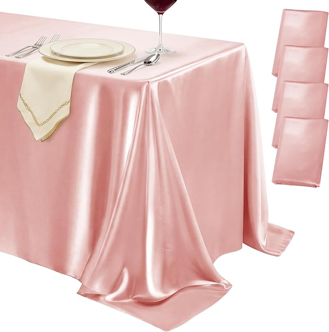 4 Pack Rose Gold Satin Tablecloth 58 x 102 Inches, Rectangular Satin Table Cloths for Wedding Reception, Birthday Party, Graduation & Holiday Banquet Tables
