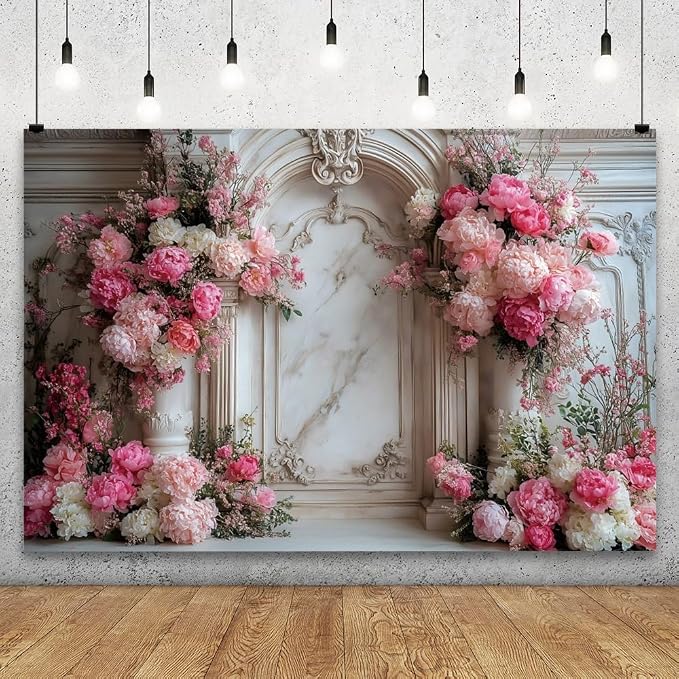 YongFoto European Relief Marble Archway Wall 6x4ft Blooming Rose Flower Elegant Romantic Photography Background Bday Bridal Shower Wedding Party Banner Portrait Photoshoot Wallpaper Photo Booth